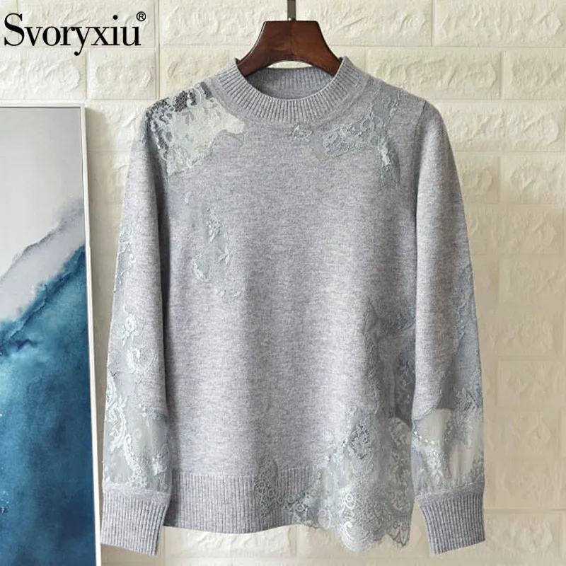 

Svoryxiu Women's Autumn Winter High End Cashmere Patchwork Lace Sweater Pullovers Designer Long Sleeve Knitting Jumper Tops