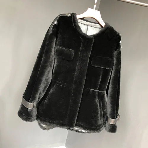 Black Женское зимнее пальто из натурального меха, куртка из короткой овечьей шерсти, женские пальто из натурального меха, куртки, роскошный двусторонний шерстяной топ Hiver 88666 - Цвет: Black