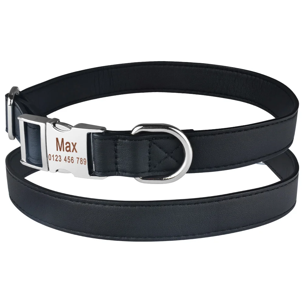 Black AiruiDog Personalized Dog Collar Soft Padded Leather Durable Name Engraved Boy Girl Dogs - Цвет: Black