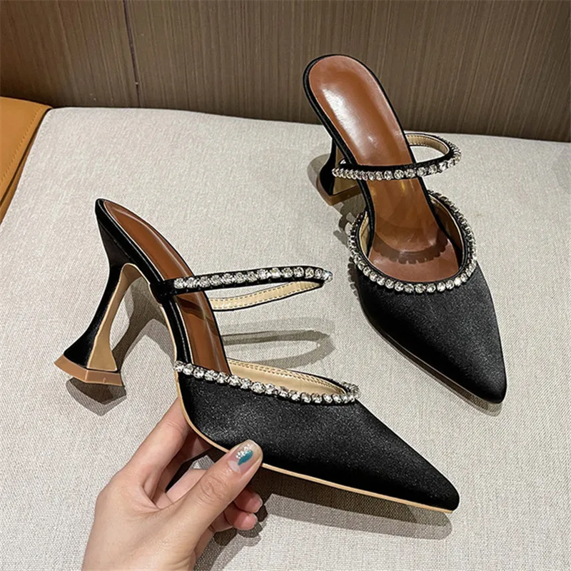 

Sexy Pointed Toe Women Pumps Summer High Heel Slippers Crystal Gladiator Sandals Fashion Mules Outside Slides Dress Shoes Woman