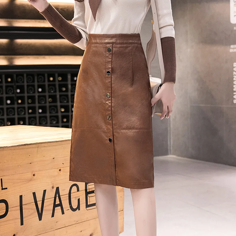 

High-waisted Medium-length Dress Leather Skirt 2019 Autumn And Winter New Style Photo Shoot Buckle Slit Skirt Douyin Super Fire