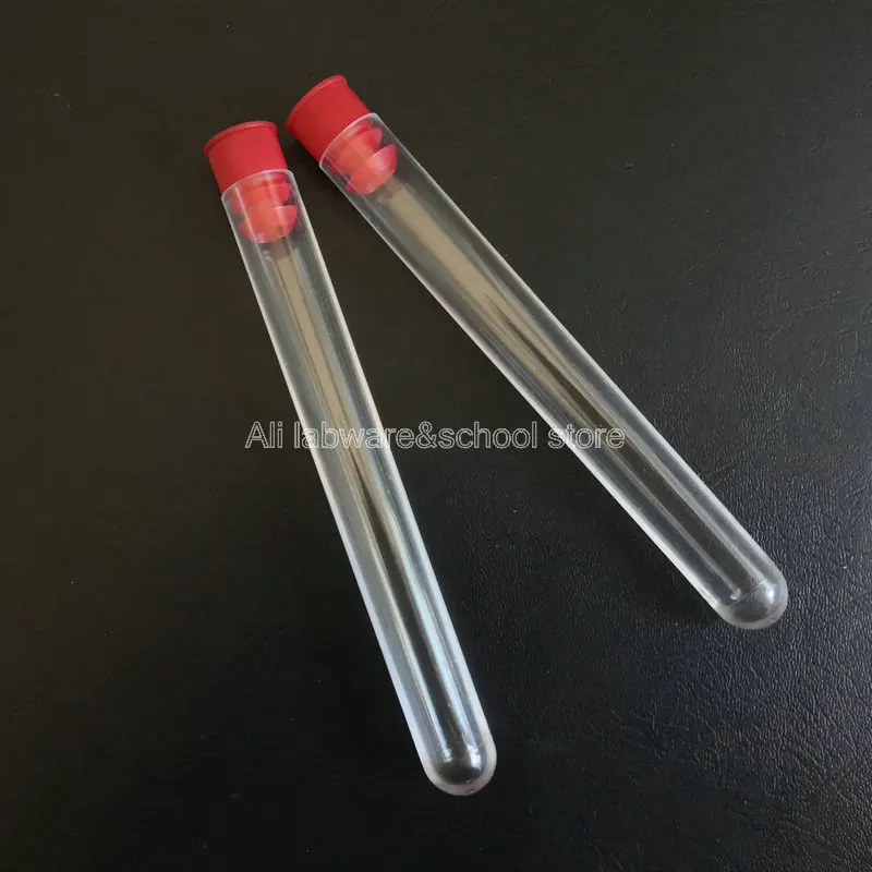 

100Pcs 15*150mm Plastic Test Tubes Transparent PC Material Labware With Hard Red Colorful Plug Caps