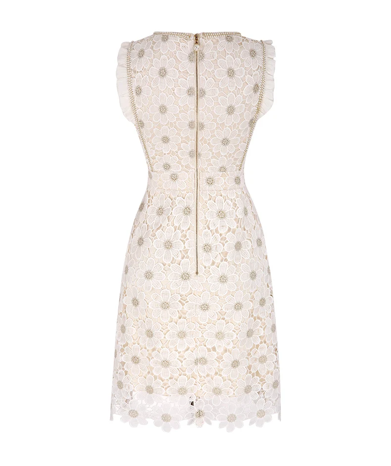 Women Lace Embroidery Dresses For Party 2021 Women'S Summer New Temperament Slim Round Neck High Waist Fashion Dress Office Lady