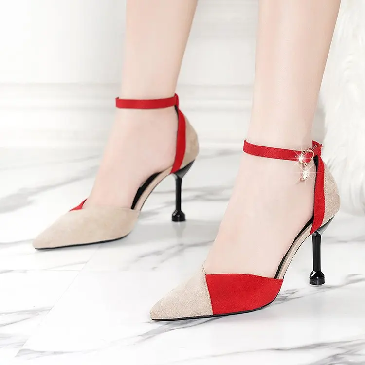 

Korean-style-Style Mixed Colors Suede Shoes Women's 2020 Spring And Summer New Style A- line Buckle Hallow Thin Heeled Pointed-T