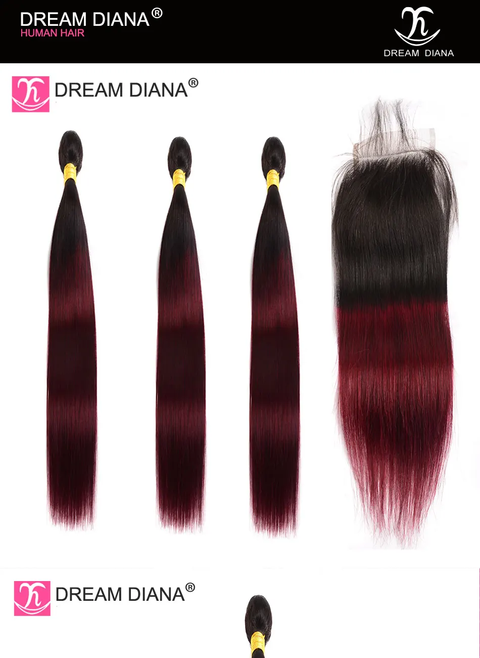 DreamDiana Омбре бразильские прямые волосы с закрытием 1"-26" L красное вино Ombre 1B 99J Remy человеческие волосы пучки с кружевом