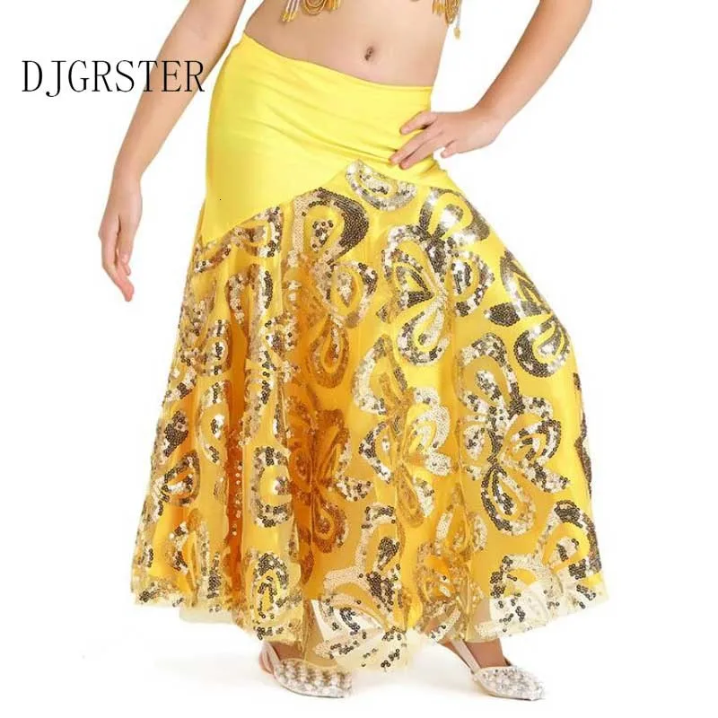 DJGRSTER 1pcslot children Sequins belly dancing skirt girl chiffon candy color Split long dancing skirt stage performance skirt (1)