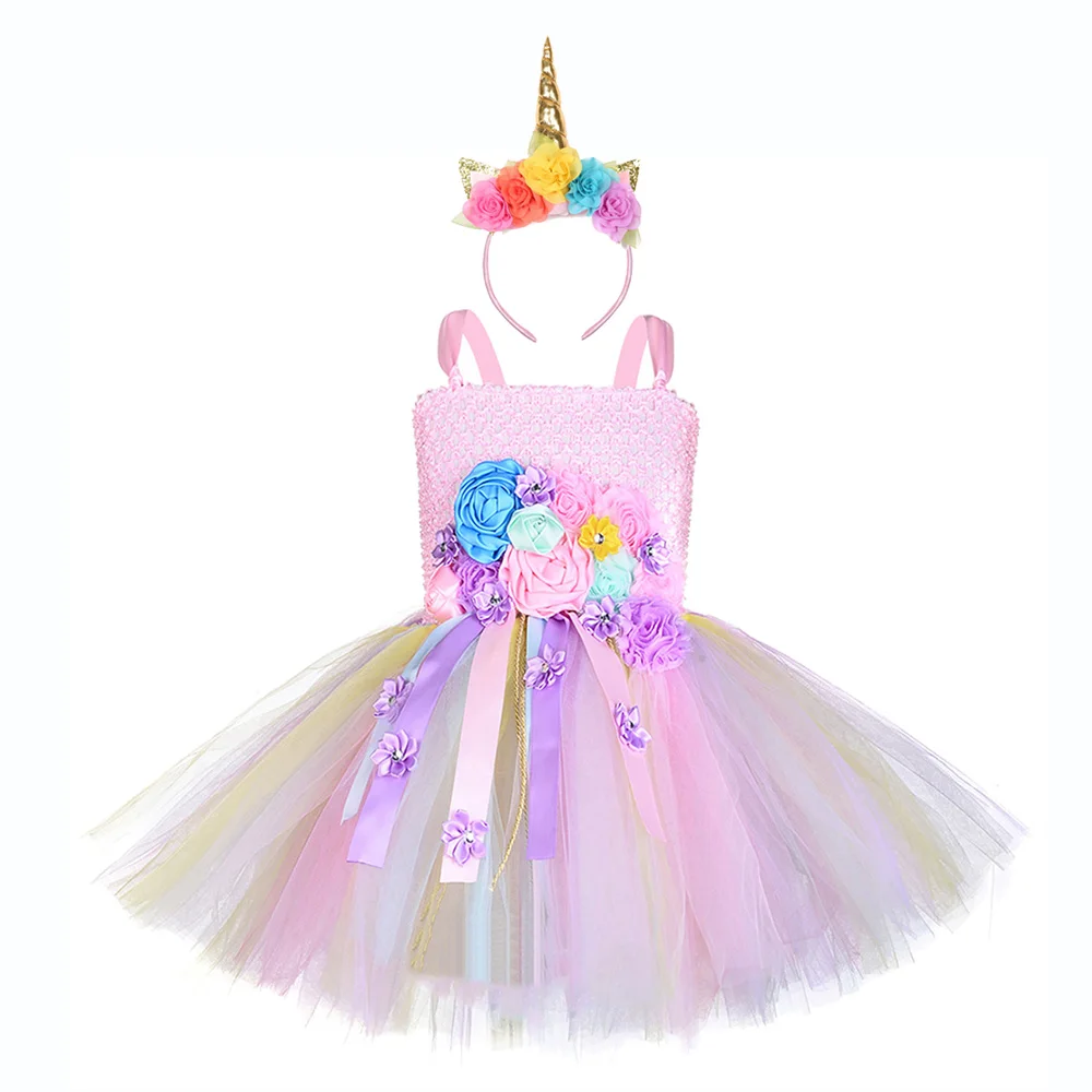 Dress with Headband2 Платье принцессы с цветочным узором для девочек; Рождественский костюм феи с единорогом; повязка на голову с крыльями; платье для дня рождения с единорогом; однотонное розовое платье-пачка - Цвет: Dress with Headband2