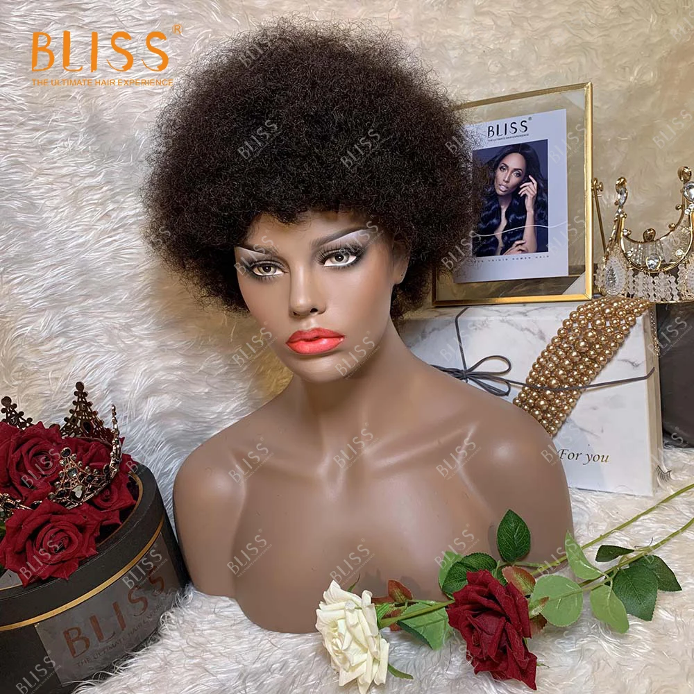 BLISS Короткие афро кудрявые человеческие волосы парик с челкой Бразильские парики