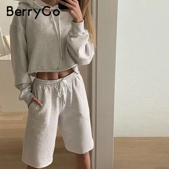 

BerryGo Fashion grey two piece short Hooded Sweatshirt high waist drop shoulder sleeve lace up casual Suit Shorts Set autumn