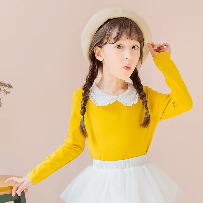 Back To School Clothing Peter Pan Collar Cotton Girls Tops Kids T Shirts Girl Yellow Pink Big Girl Tshirt Children Autumn