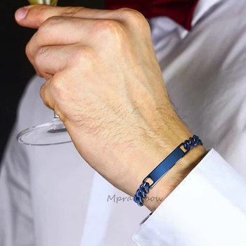

PERSONALISED JEWELLERY MENS IDENTITY ID BRACELET IN BLUE STAINLESS STEEL CURB CHAIN BRACELETS