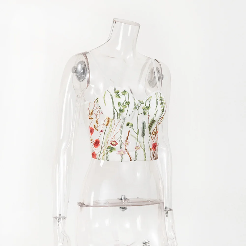 ArtSu Women Sexy Hollow Out Floral Embroidery Summer Boho Shirt V-Neck White Crop Top See Through Mesh Tank Top Club