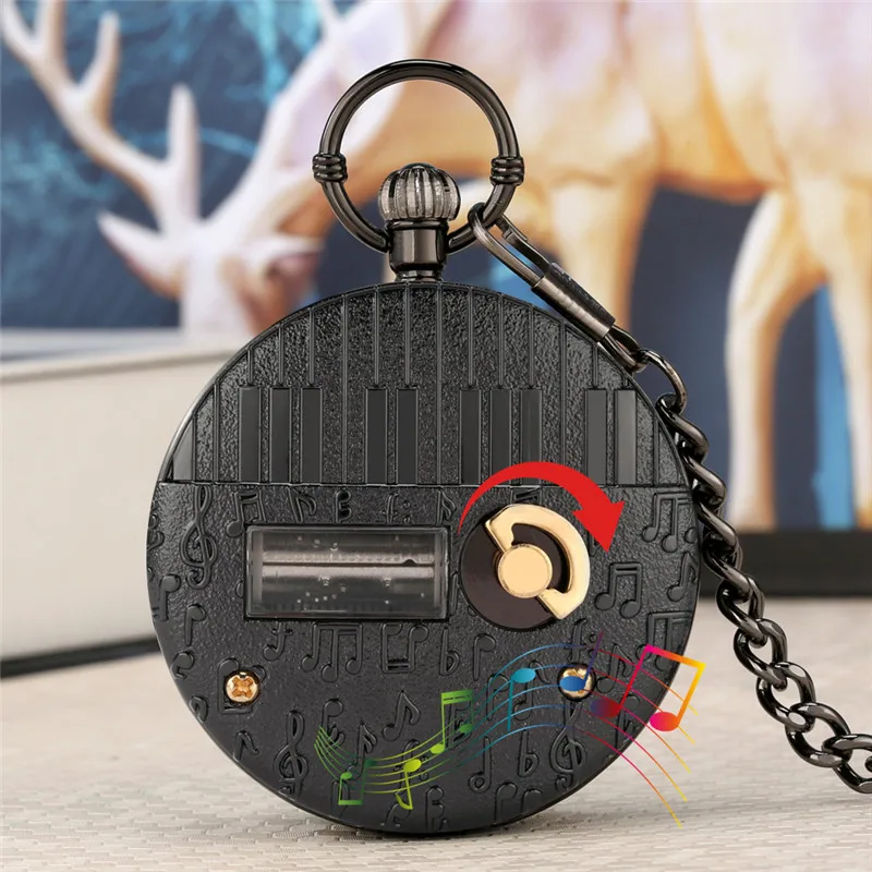 Einzigartige hohle Lokomotive Zug Fall spielen Musik Stadt Himmel Song Männer Frauen Quarz Analog Taschenuhr FOB Anhänger Kette Uhr – Detail 4