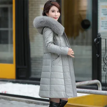 

Winter Women Coats Long Leather Jacket Coat Female Fashion Big Fur Collar Thick Slim Plus Size Sheepskin Parkas Outwear