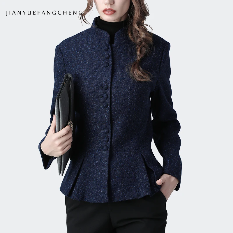 Blue Винтажное Женское зимнее шерстяное пальто в китайском стиле, теплое короткое приталенное синее пальто с баской и стоячим воротником, Повседневная офисная одежда, женские шерстяные пальто - Цвет: Blue