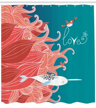 

Narwhal Shower Curtain Arctic Whale and Bird Print for Bathroom