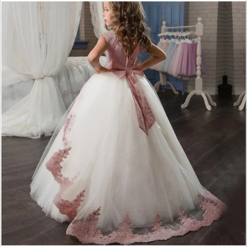 Кружевное платье принцессы с цветочным узором для первого причастия для девочек; свадебное платье для малышей; Вечернее Длинное Элегантное праздничное платье; костюм; детское платье для девочек - Color: dark pink