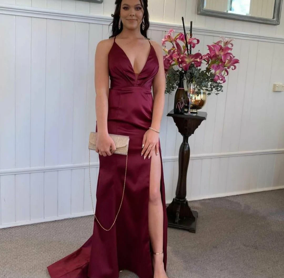 

Sexy Long Burgundy Satin Prom Dresses with Slit Mermaid Spaghetti Strappy Back Abendkleider Robes de Soirée for Women