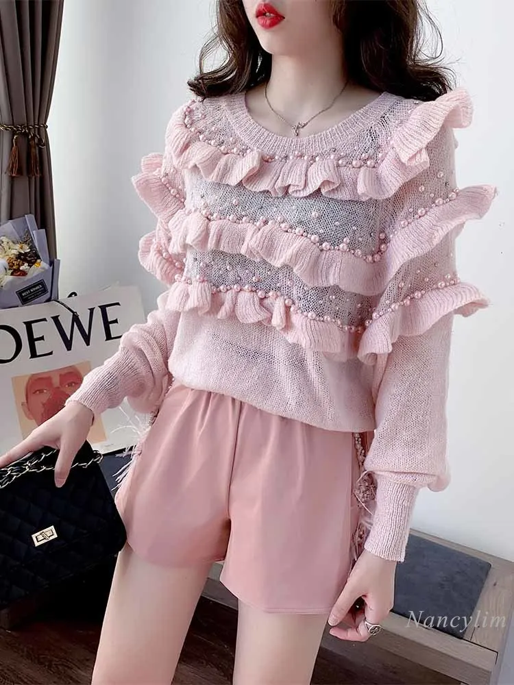 

Soft Sweater Female Ruffles Ball Knitted Shirt Women Loose Lazy Wind Thin Autumn Long Sleeve Sweater Lady Pink Blue Jumper