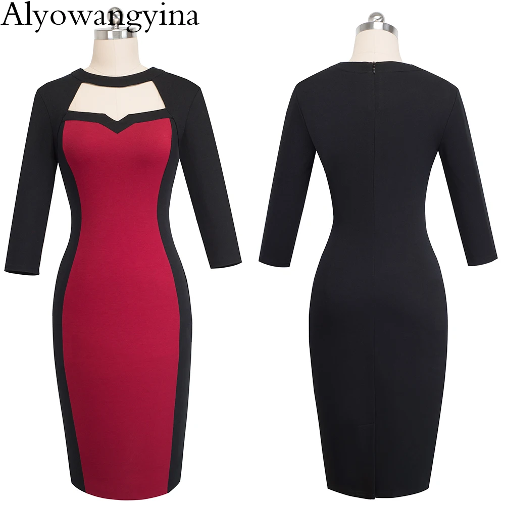Alyowangyina, винтажная женская мода, цветочный узор, для работы, Vestidos, выдалбливают, с круглым вырезом, деловые, вечерние, бодикон, для офиса, женское платье, B482