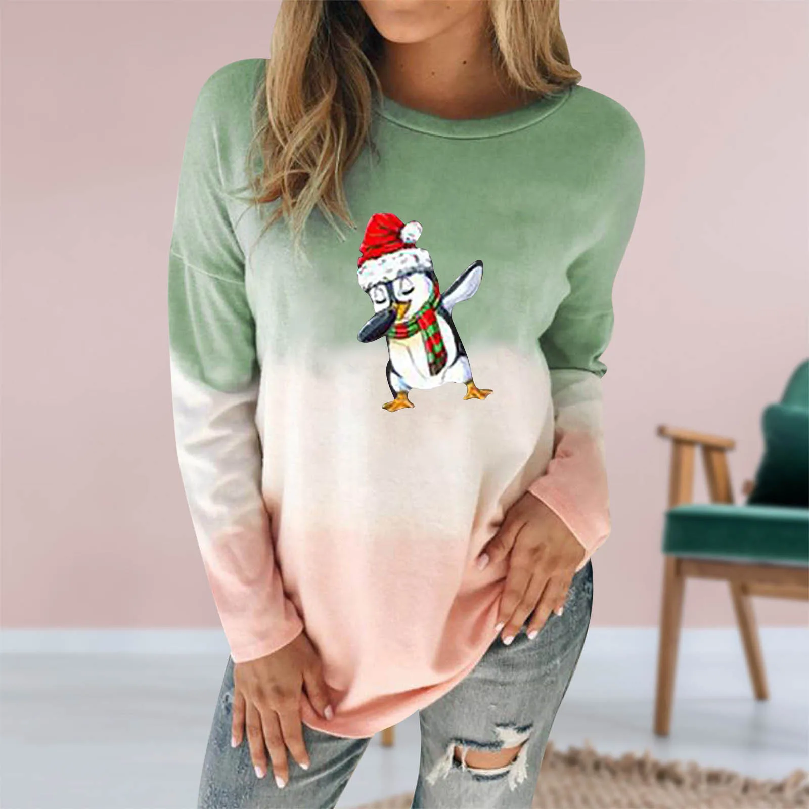

40#Women Blouses Fashion O-neck Pullover Christmas Long Sleeves Tops Shirts Gradient Harajuku Kawaii Shirt