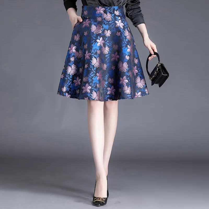 

Women High Waist Blue Jacquard A-line Skirt Autumn Winter Clothes Office Lady Elegant Chic Loose Korean Casual Short Skirts