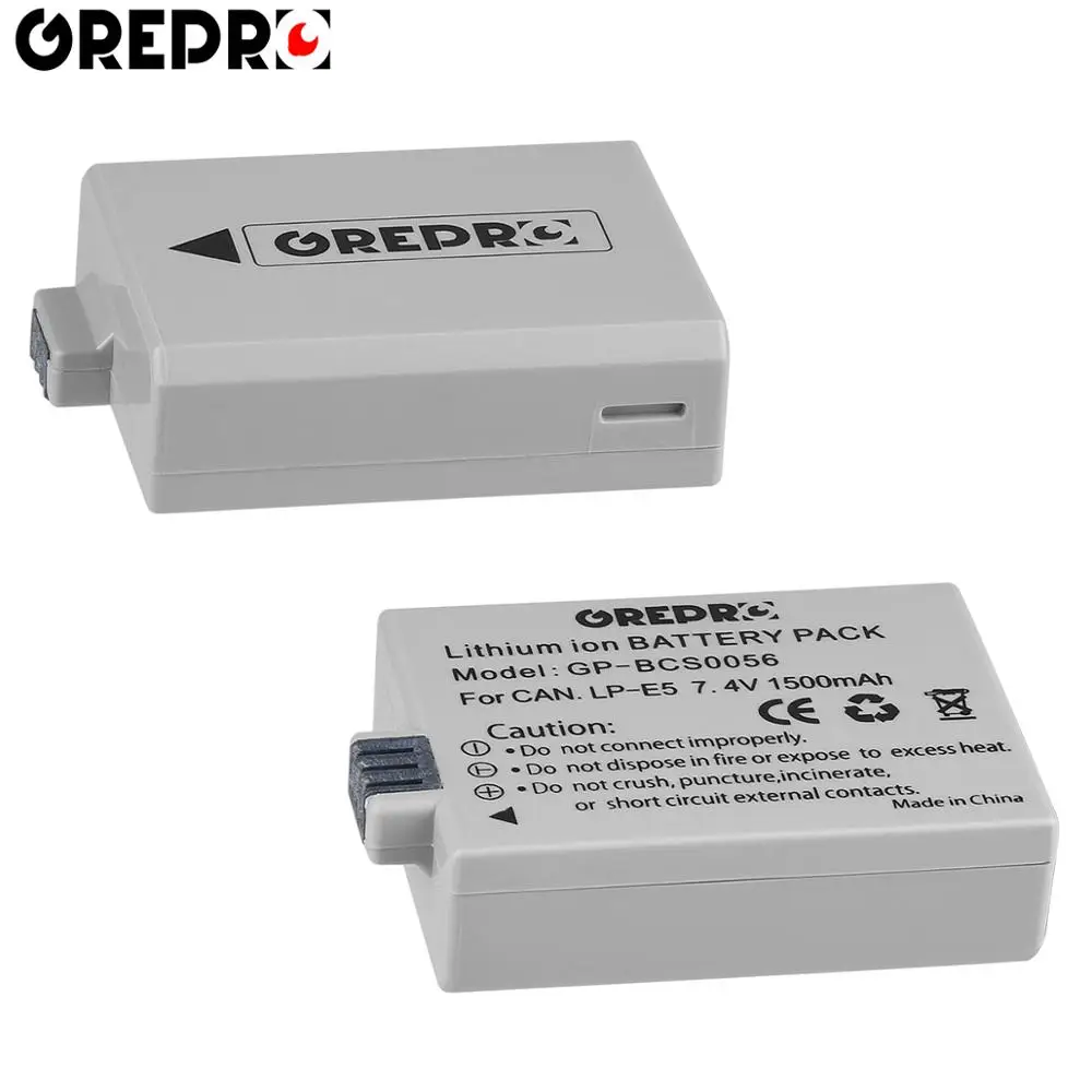Аккумуляторная батарея GREPRO 1500mAh 7,4 V LP-E5 LPE5 LP E5 для камеры Canon EOS Rebel XS, Rebel T1i, Rebel XSi, 450D, 500D, 1000D - Цвет: 2 battery
