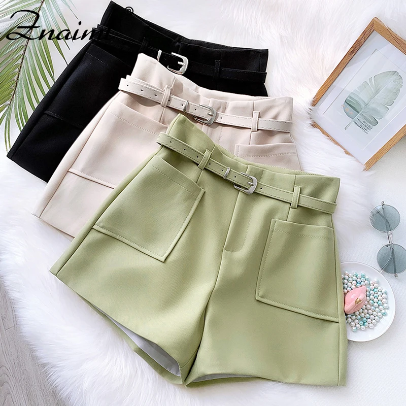 

High Waist Shorts With Pockets Women's Cool Punk Sashes Wide Leg Shorts Spring Summer Casual Loose Elastic Waist Shorts 2020