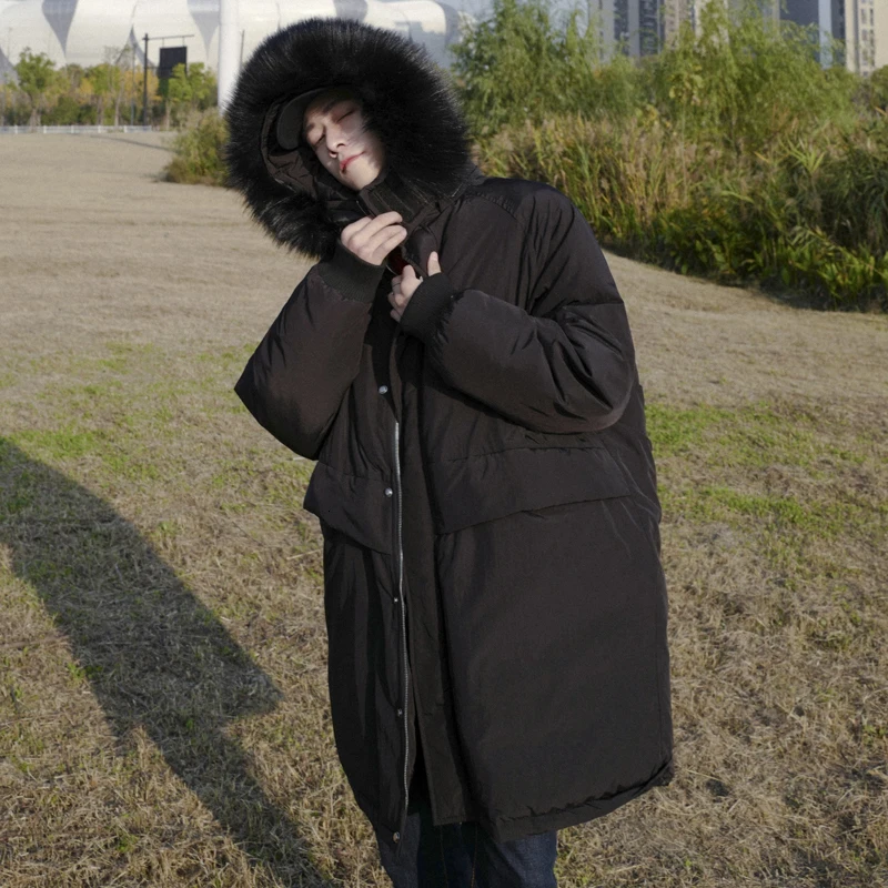 black EWQ/осень-зима, плотное пальто с длинным рукавом, карманами, воротником-стойкой и меховым капюшоном, мужская куртка в Корейском стиле FS943 - Цвет: black