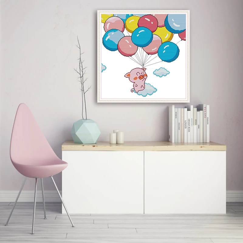 Balloon and Pig 14ct 11ct Count Needlework Embroidery DMC Cotton Thread Printed Canvas DIY Handmade Cross Stitch Sets Home Decor