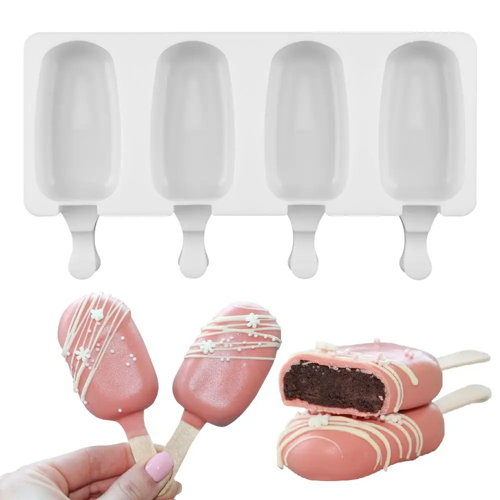 

FUNBAKY 4 Cavity Silicone Ice Cream Mold For Baking Cake Decorating Tools Bakeware Mousse Dessert Moulds Juice Maker with Sticks