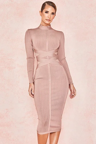 High Quality Khaki Long Sleeve Knee Length Rayon Bandage Dress Sexy Evening Party Bodycon | Женская одежда