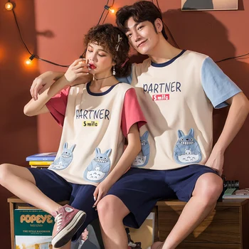 

2020 Summer Male Short Sleeve Homewar Couples Pajamas Summer Cotton Homewear Casual Lover's Pyjamas Set Plus Size3XL 4XL 5XL