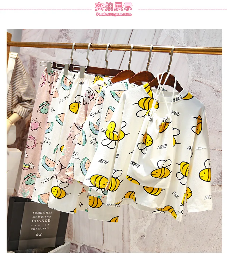 Girls Spring And Autumn Cartoon Pajamas Suit Korean-style New Style Big Boy with Cloth Bag Comfortable Tracksuit Two-Piece