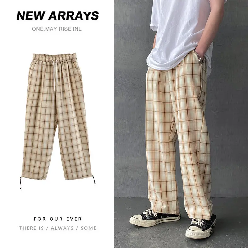 

Thin Section Plaid Pants Men's Fashion Contrast Retro Casual Pants Men Streetwear Wild Loose Drawstring Straight Pants Summer