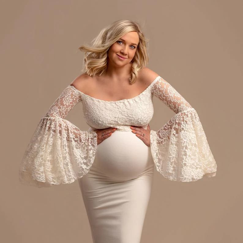 Lace Maternity Shoot Dress Ruffles Sleeve Long Pregnancy Photography Dresses Maxi Maternity Gown Photo Prop For Pregnant Women (2)
