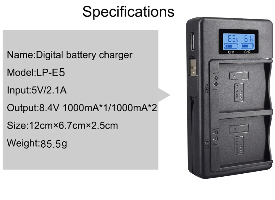 LP-E5 LPE5 LP E5 зарядное устройство для Canon EOS 450D 500D 1000D Kiss X3 Kiss F Rebel Xsi 4,7 Kiss X2 T3 T5
