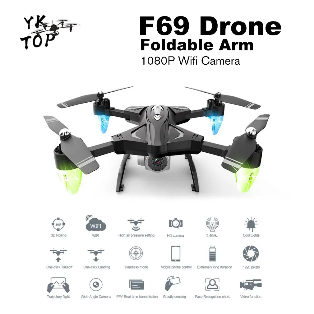 

F69 Foldable RC Drone WIFI FPV 1080P/480P Wide Angle HD Camera Altitude Hold Headless Mode RC Helicopter Model with 2/3 Battery