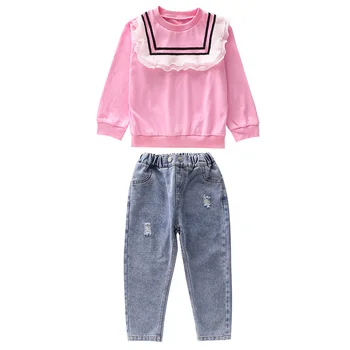 

2020 new autumn winter children clothes age for 3 - 12 years little girls back to school outfits ruffle t-shirt + pants 2pc sets