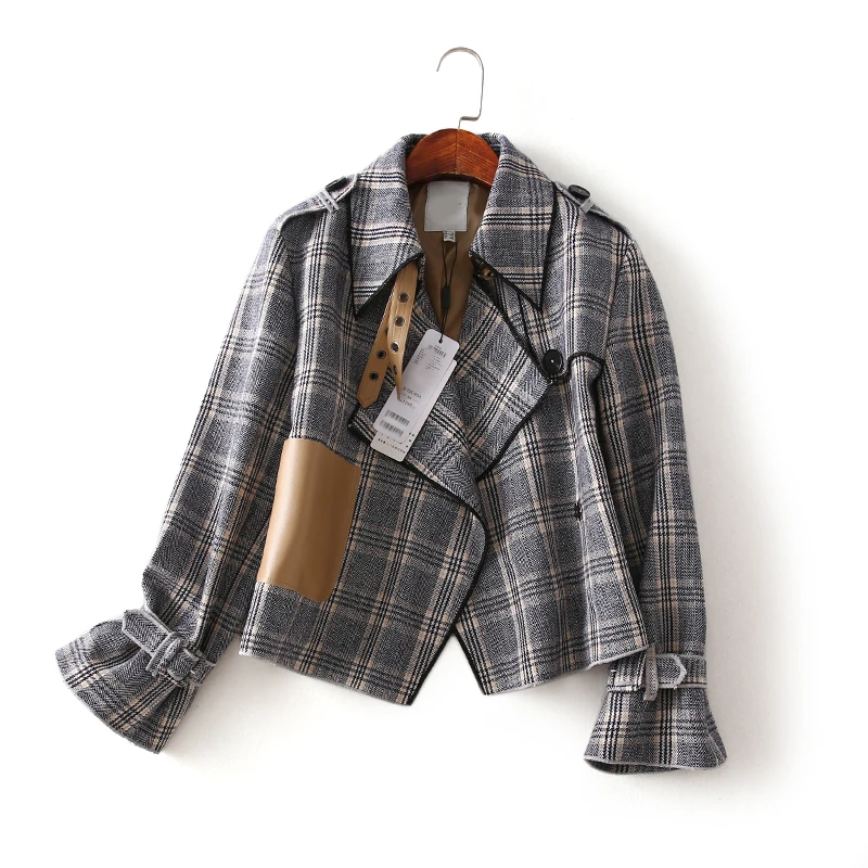 Plaid Клетчатая короткая женская куртка винтажная Корейская Элегантная Лоскутная с отложным воротником Офисная Женская мода плюс размер короткая женская куртка - Цвет: Plaid