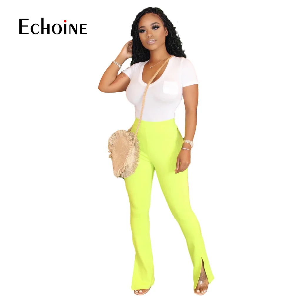 

Echoine Casual Solid Slim Flare Pants Stretchy Split Sweatpants Comfortable Women Boot Cut Trousers Plus Size bell bottom pants
