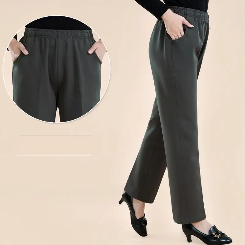 Dark khaki regular Женские зимние хлопковые брюки, теплые бархатные плотные брюки, повседневные свободные эластичные однотонные прямые брюки с высокой талией размера плюс 4XL - Цвет: Dark khaki regular