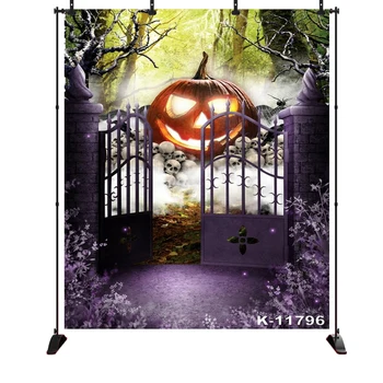

Happy Halloween forest Photography background Huge scary pumpkin on a pile of skulls Photo Backdrops Booth Decor Background