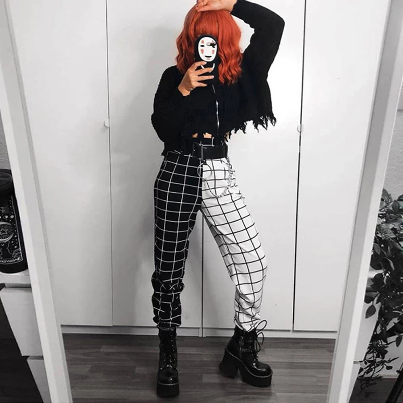 

Woman Pants Contrast Color Checkerboard High Waist Jogging Pantalon Sweatpants Streetwear Trousers Clothing Ropa De Mujer