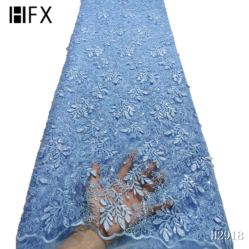 HFX нигерийская кружевная ткань высокое качество кружева с блестками кружевная ткань Свадебные синие африканские с блестками нигерийские французские кружевные ткани
