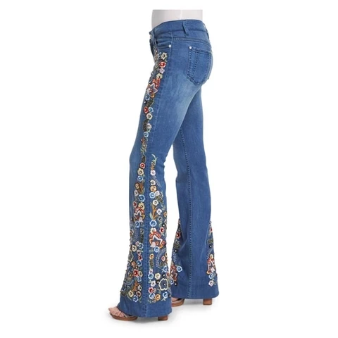 MoneRffi женские шикарные Цветочные вышитые с высокой посадкой расклешенные джинсы широкие ноги длинные джинсовые брюки