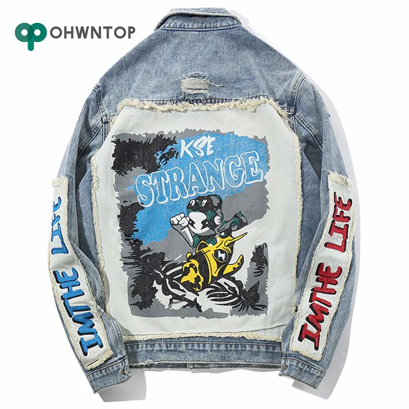 

Denim Jacket Men Hole Distressed Jeans Coat Hip Hop Patch Jacket Streetwear Outerwear Spring Autumn Tops for Men Graffiti Jacke