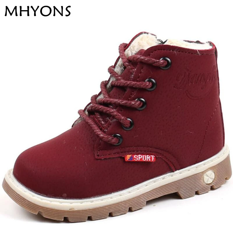 MHYONS/зимние модные детские кожаные сапоги для снежной погоды для мальчиков и девочек; теплые ботинки martin обувь Повседневное плюшевые ребенок, начинающий ходить обуви