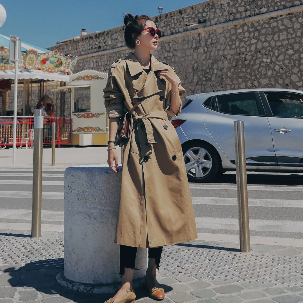 

Photo Shoot Retro British Style Double Breasted Long Trench Coat 2020 Spring New Style Fashionable WOMEN'S Dress Waist Hugging S