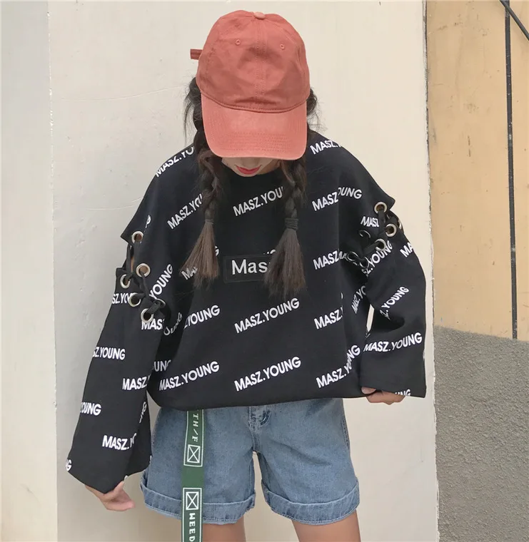 Для фотосессии Harajuku Labuhan Angin Kong-style с принтом букв бандажная ткань с большими рукавами Женская толстовка средней длины